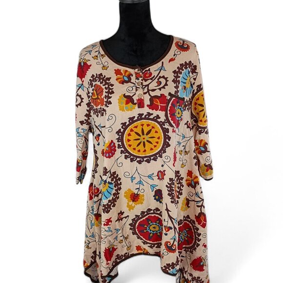 HELEN'S HEART Women's Boho-Chic Tunic Top XL Cotton Linen Floral Eclectic Folk - Picture 1 of 5